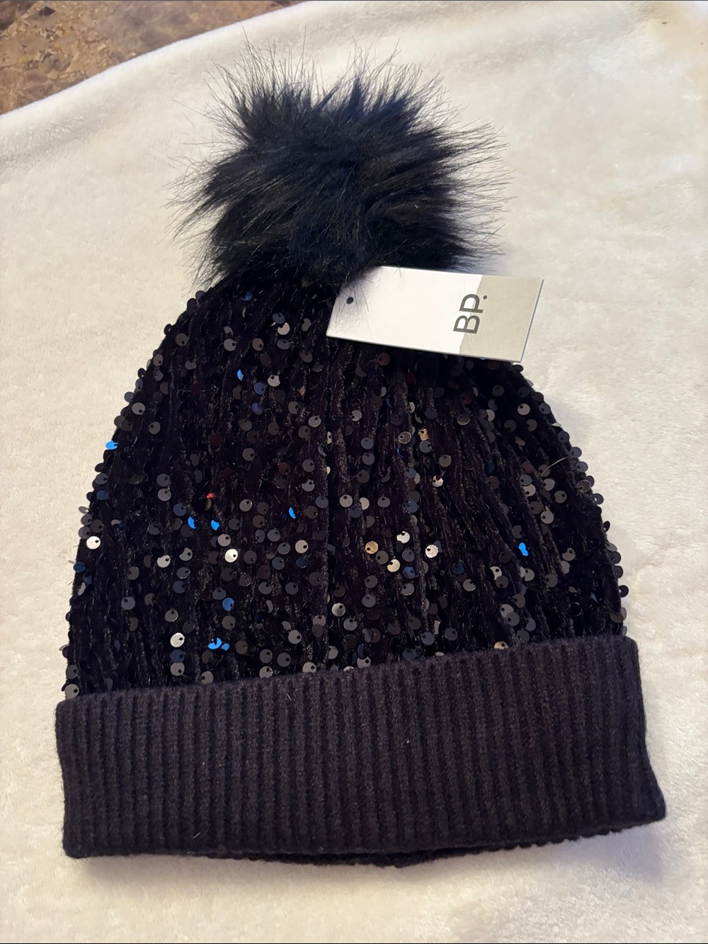 bp Kids Black Sequin Pom Pom Beanie